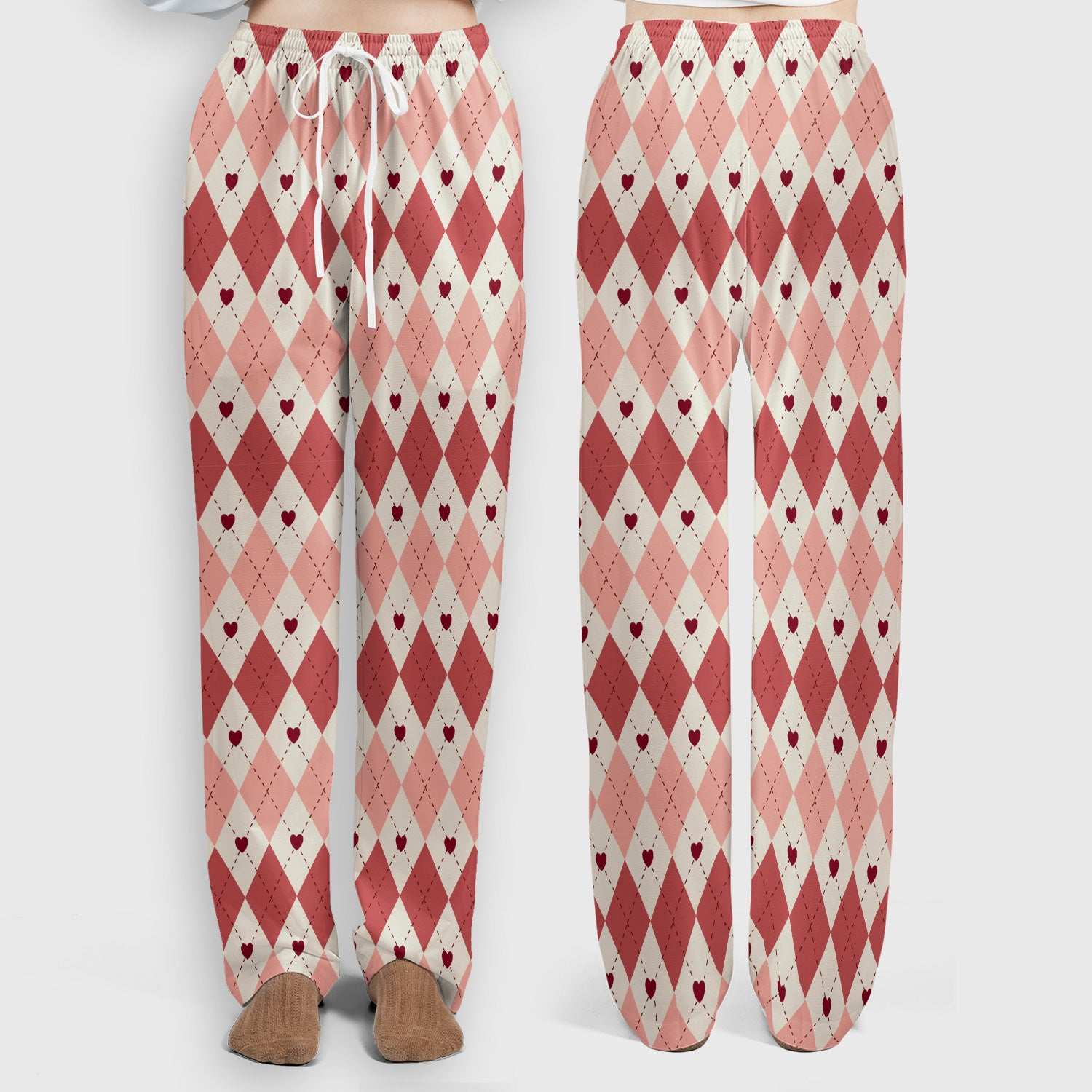 Red Argyle Plaid Pattern Scrubs Sets, Scrub Pants and V Neck Top
