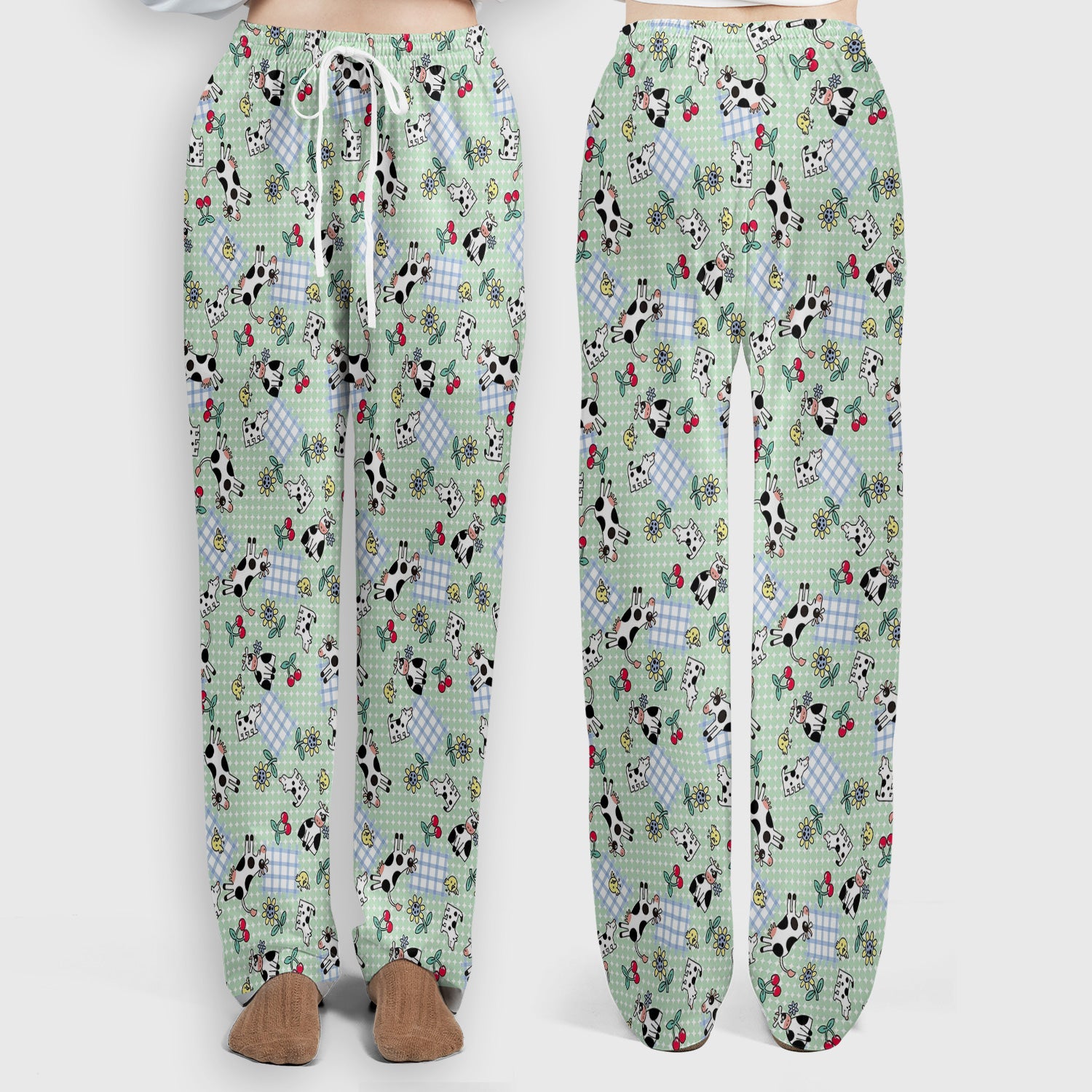 Cute Cow Cherry Farm Garden Pattern Nurse Scrub Set, Scrub Pants and V Neck Top