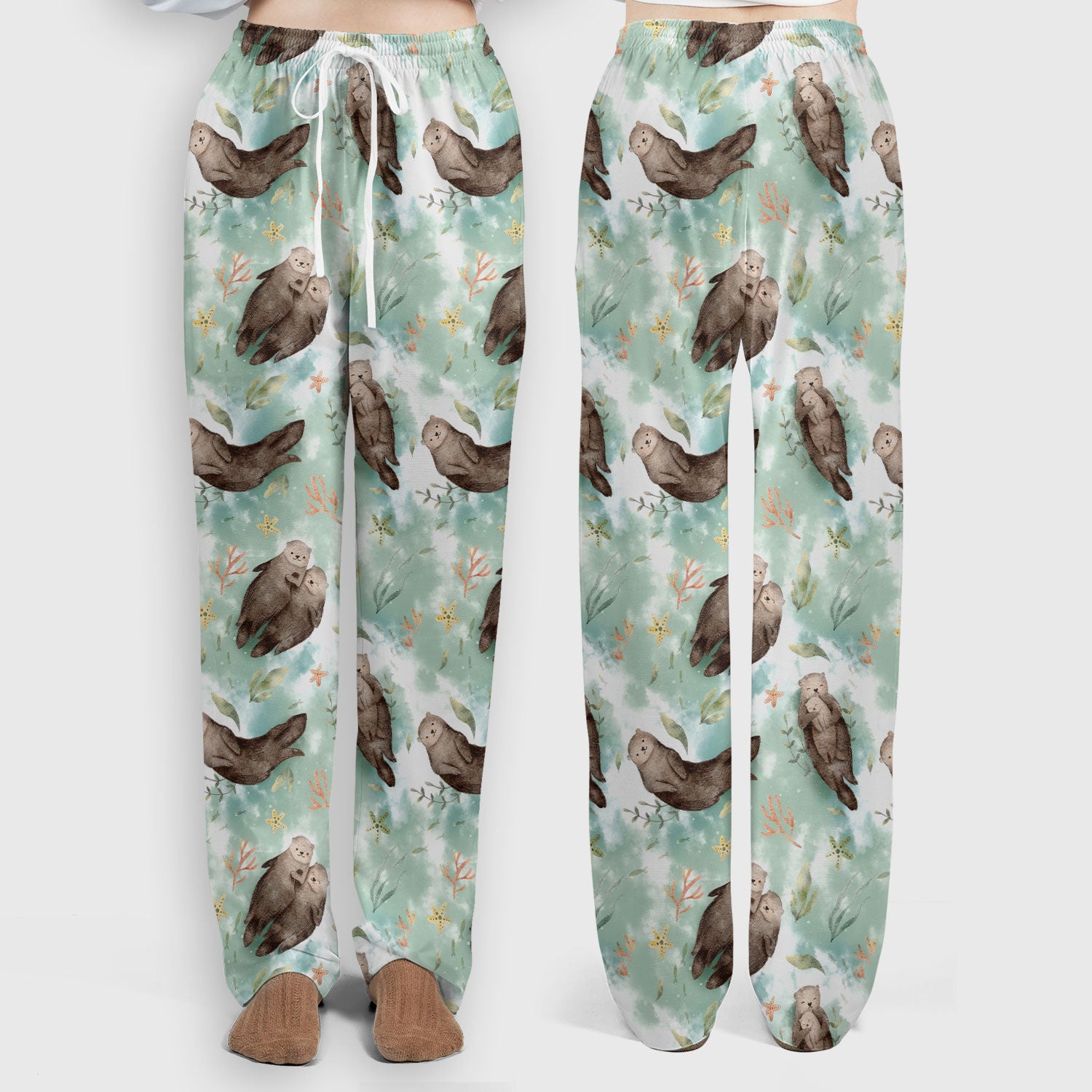 Cute Sea Otter Watercolor Print Scrub Set, Scrub Pants and V Neck Top