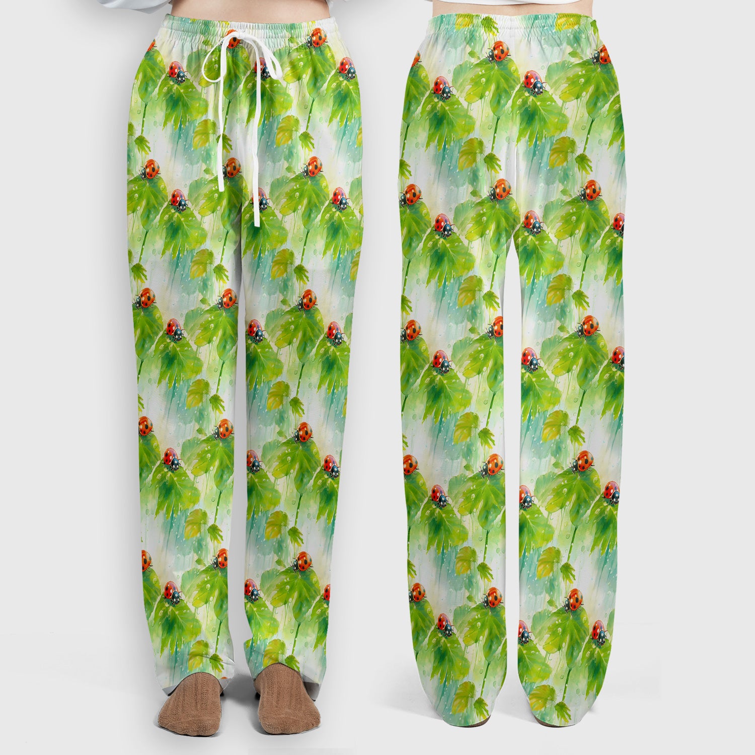 Ladybugs On Rainy Leaves Pattern Scrub Set, Scrub Pants and V Neck Top