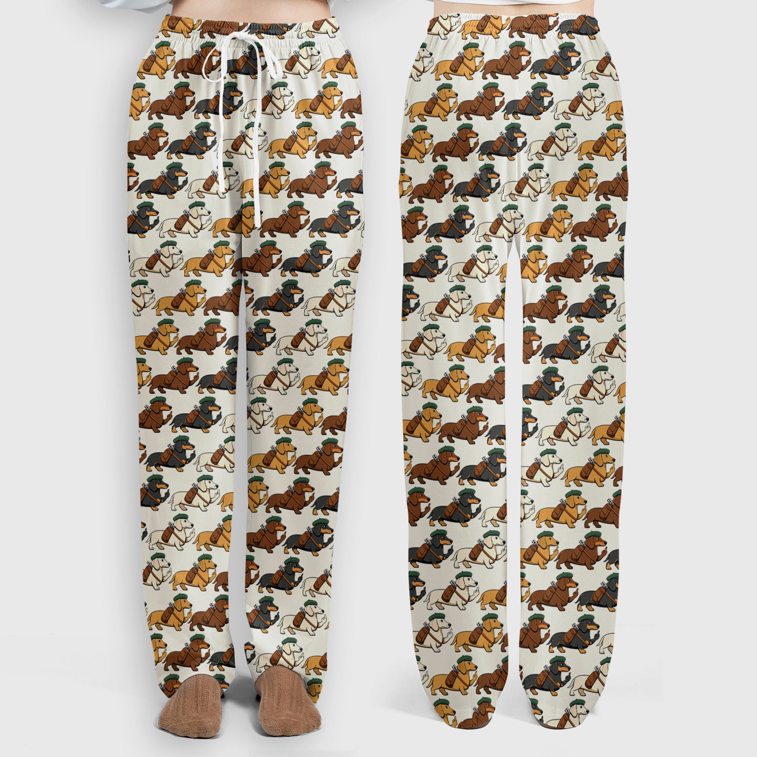 Cartoon Dachshund Dog Wearing Hat And Backpack Pattern Scrub Set, Scrub Pants and V Neck Top