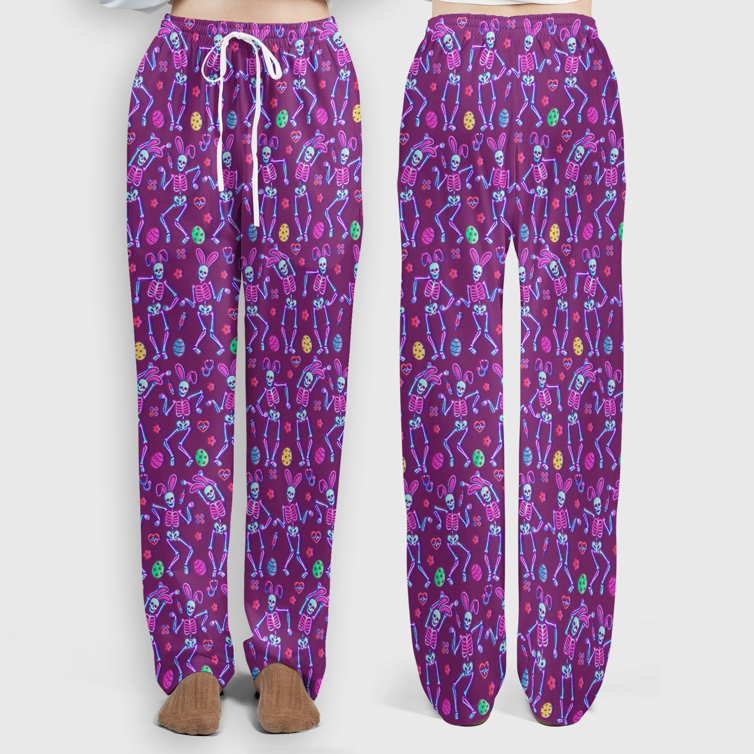 Neon Easter Skeleton Print Scrub Set, Scrub Pants and V Neck Top