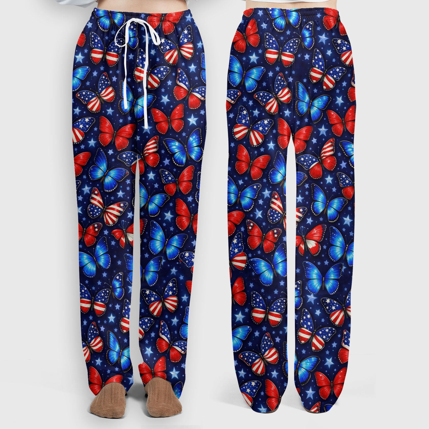 Patriotic Butterfly Stars Pattern Scrubs Sets, Scrub Pants and V Neck Top