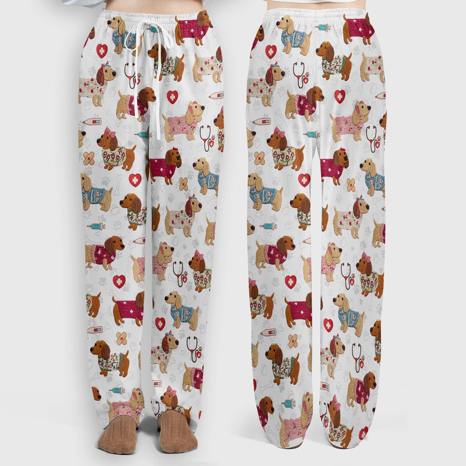 Cute Medical Wiener Dog Pattern Nurse Shirt, Dachshund Nursing Scrub Set, Breathable Fabrics Nursing Uniform