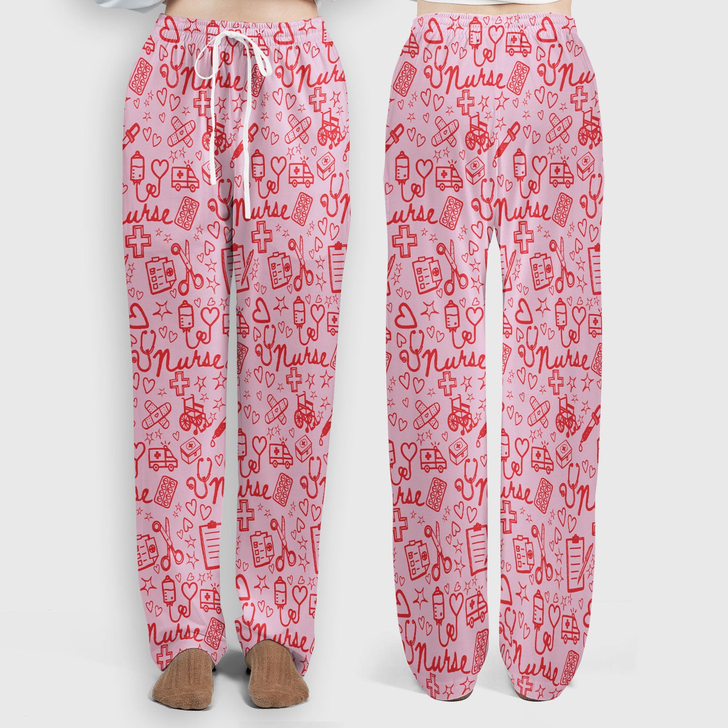 Cute Nurse Heart Medical Pattern Scrub Set, Breathable Med Uniform