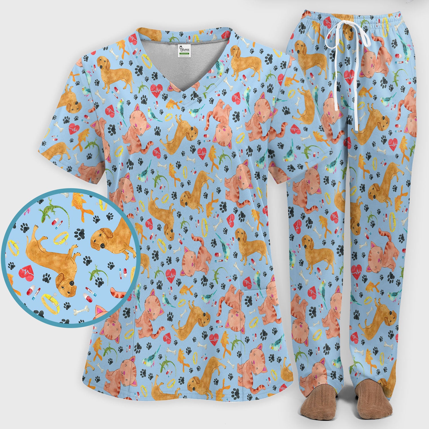 Cute Cat Dog Scrub Set - Animal Lover Medical Uniform - Funny Veterinary Nurse Gift for Women RN CNA LPN