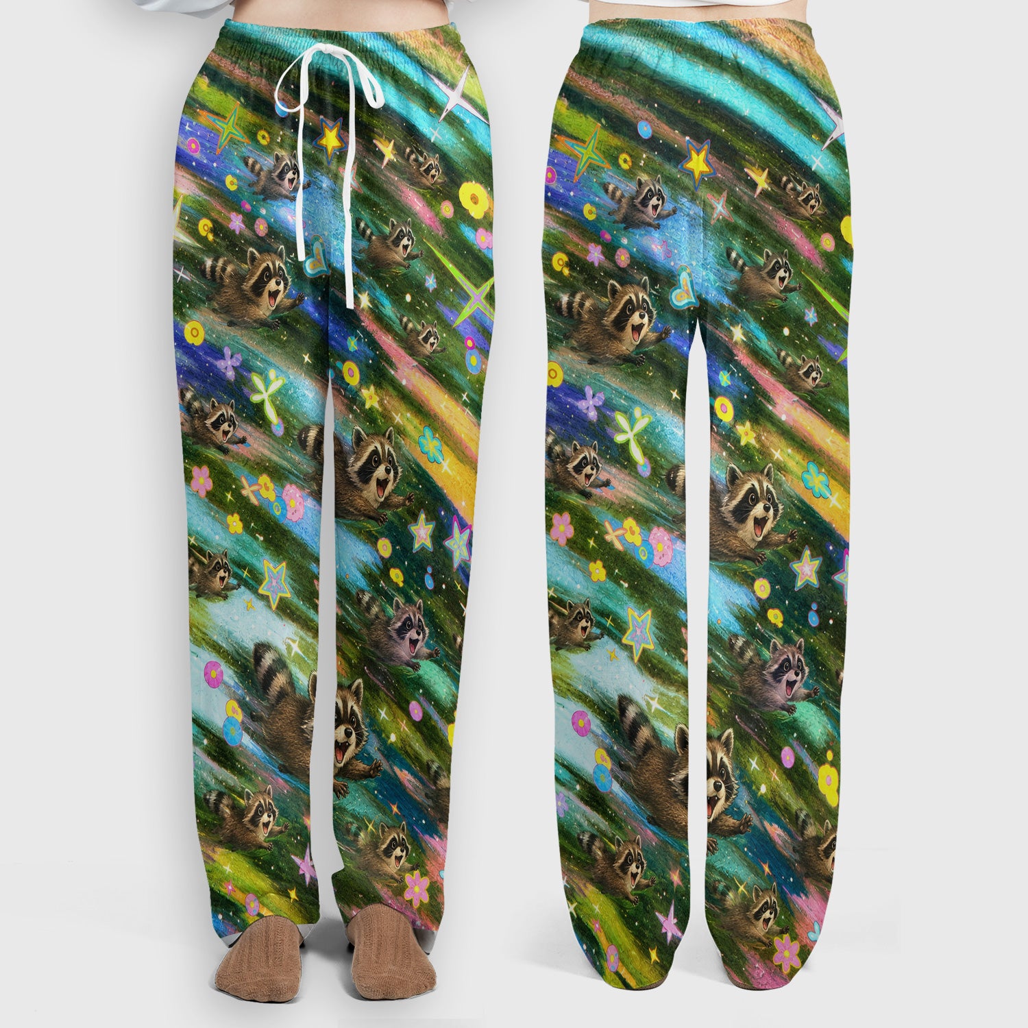 Cute Raccoon Rainbow Dash Pattern Scrub Set, Scrub Pants and V Neck Top