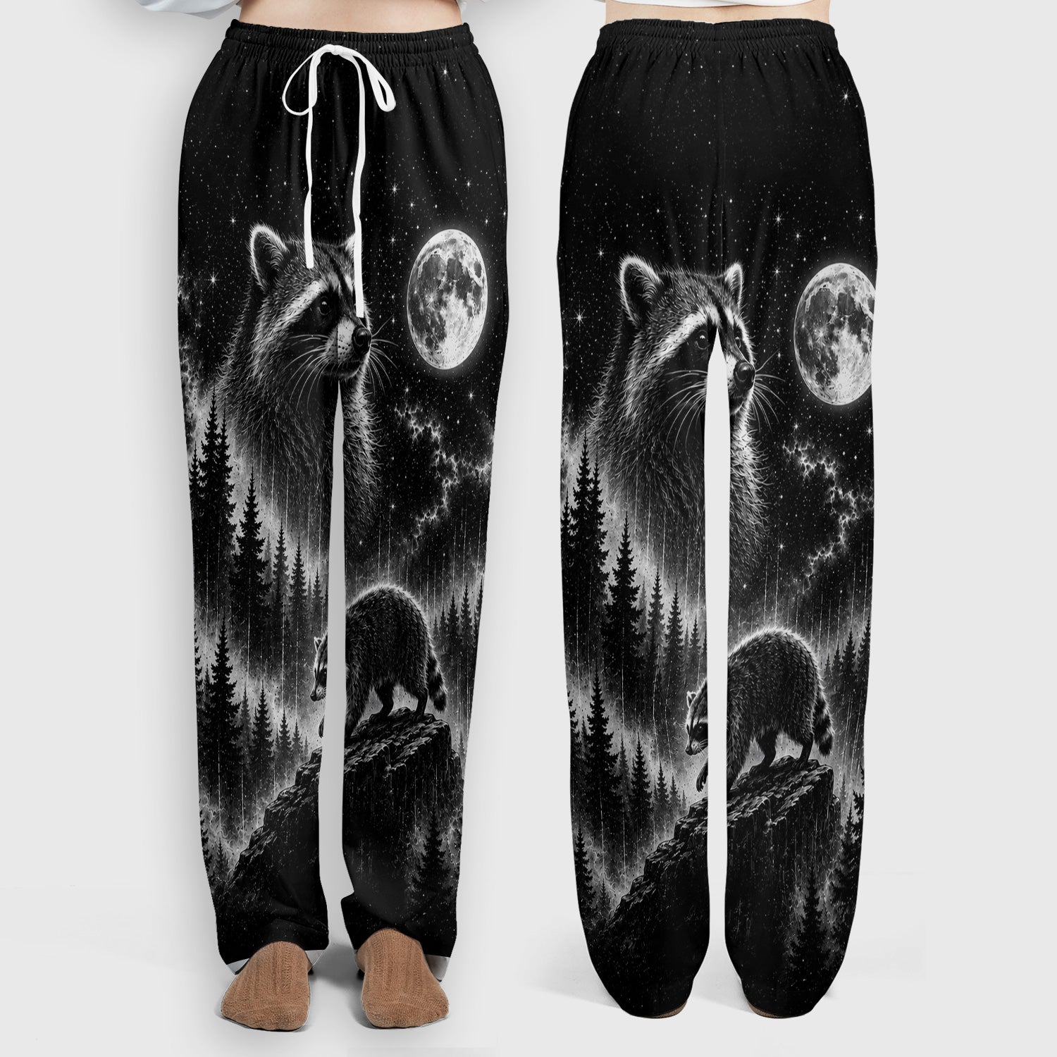 Moonlit Raccoon Forest Print Scrub Set, Scrub Pants and V Neck Top