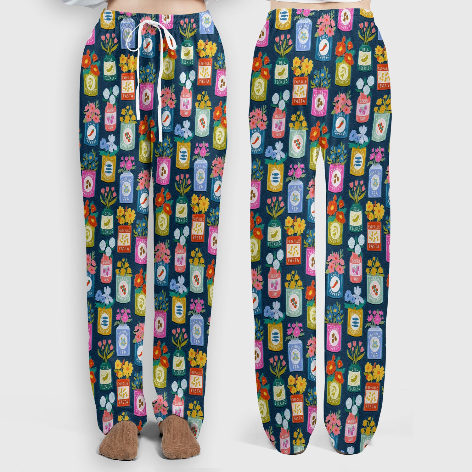 Colorful Pantry Jars Flowers Pattern Scrubs Sets, Scrub Pants and V Neck Top