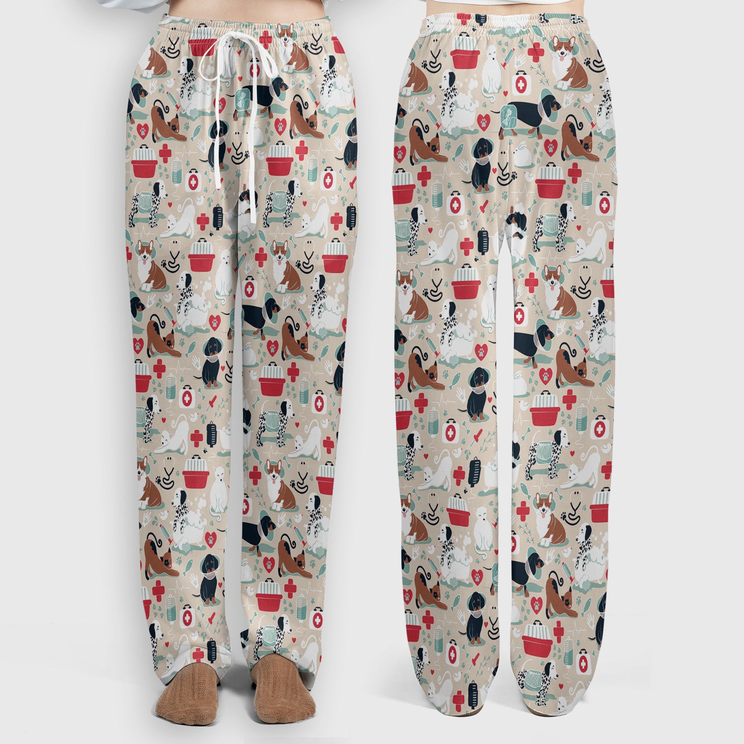 Dogs With Veterinary Tools And Paw Print Scrub Set, Breathable Med Uniform