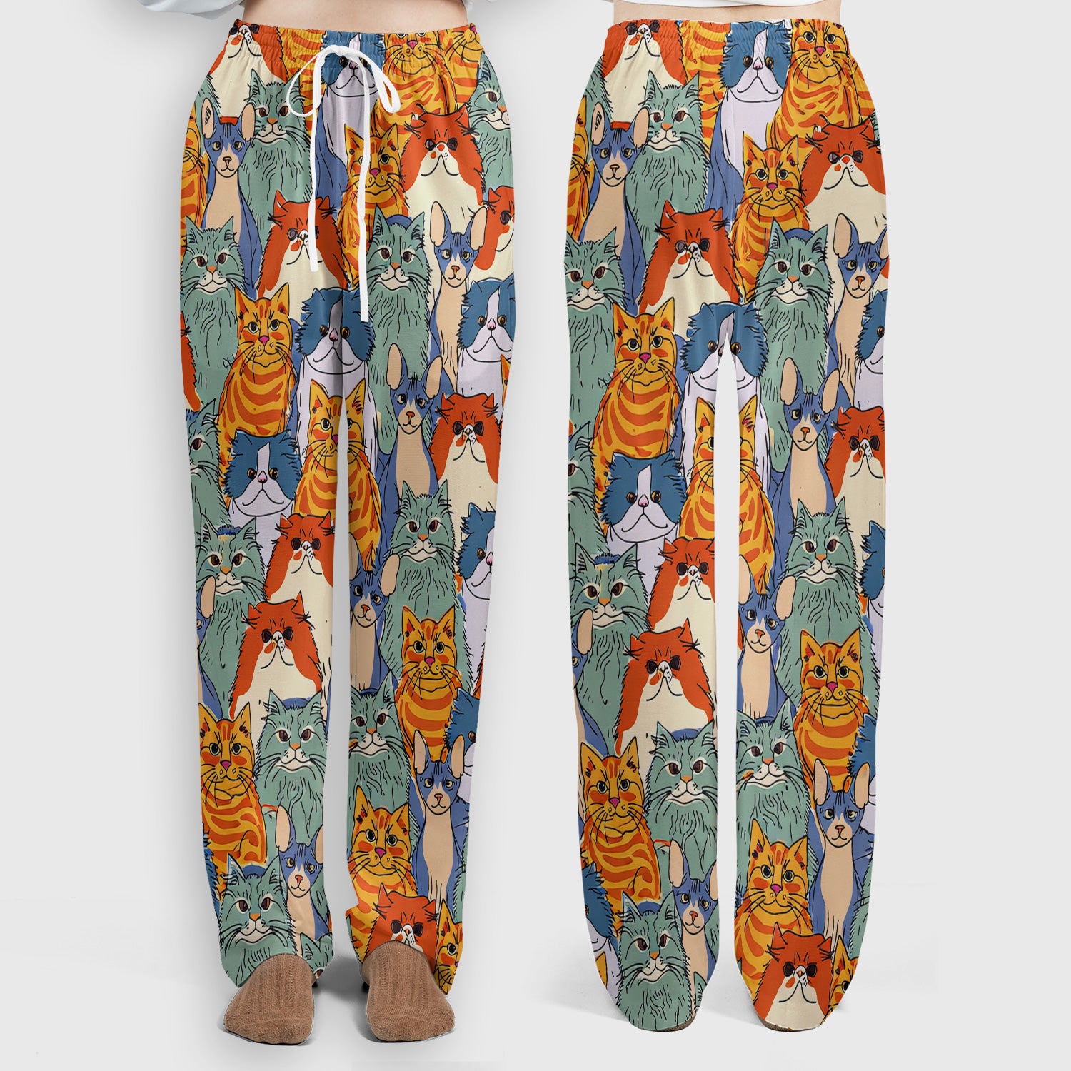 Cute Multicolor Cat Faces Illustration Pattern Scrub Set, Scrub Pants and V Neck Top