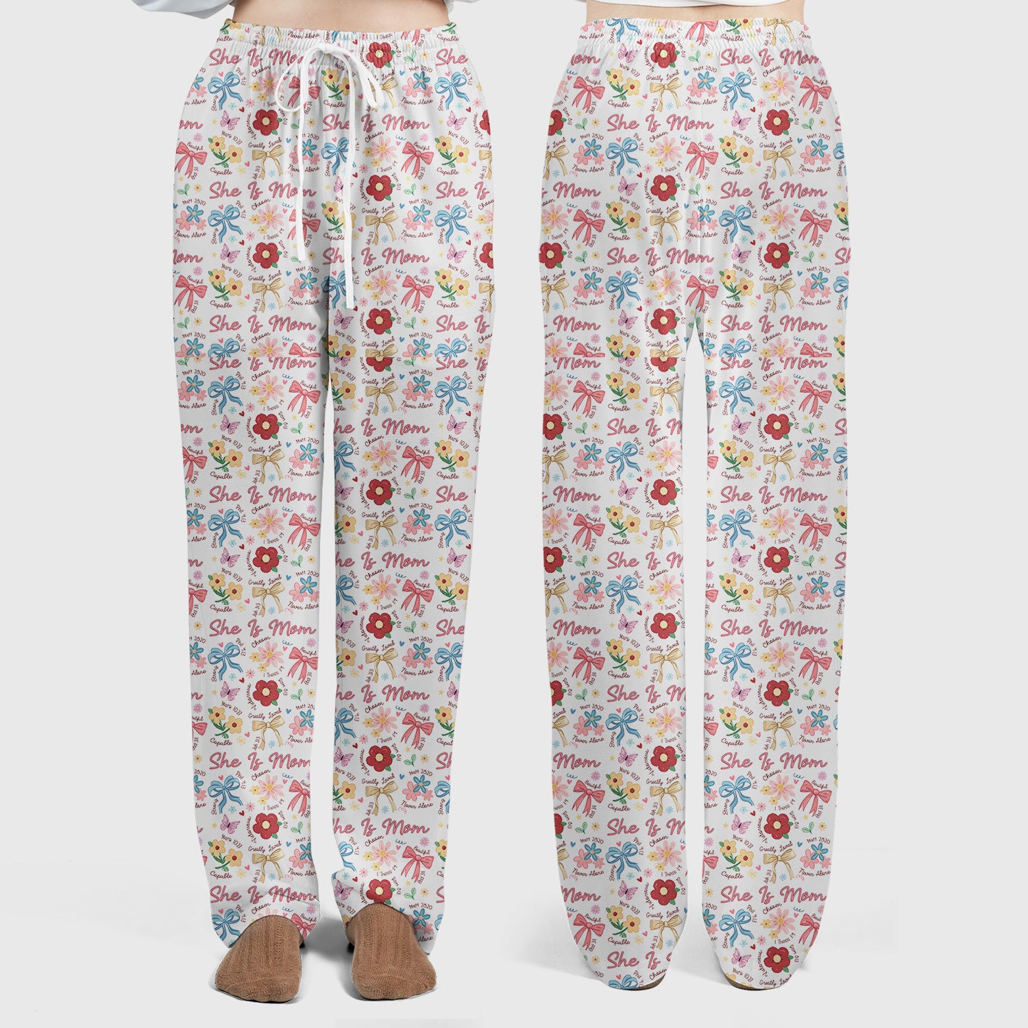 She Is Mom Flower Bow Pattern Scrub Set, Scrub Pants and V Neck Top