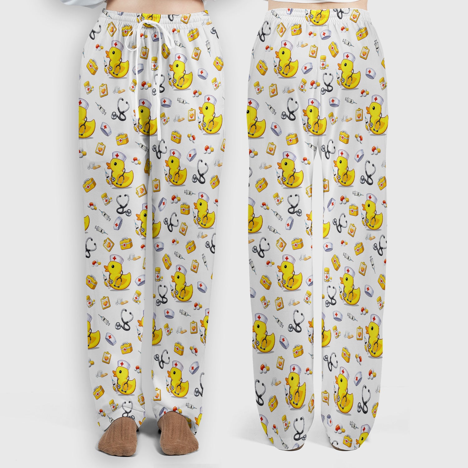 Playful Medical Duck Print Women's Scrub Set, Breathable Med Uniform