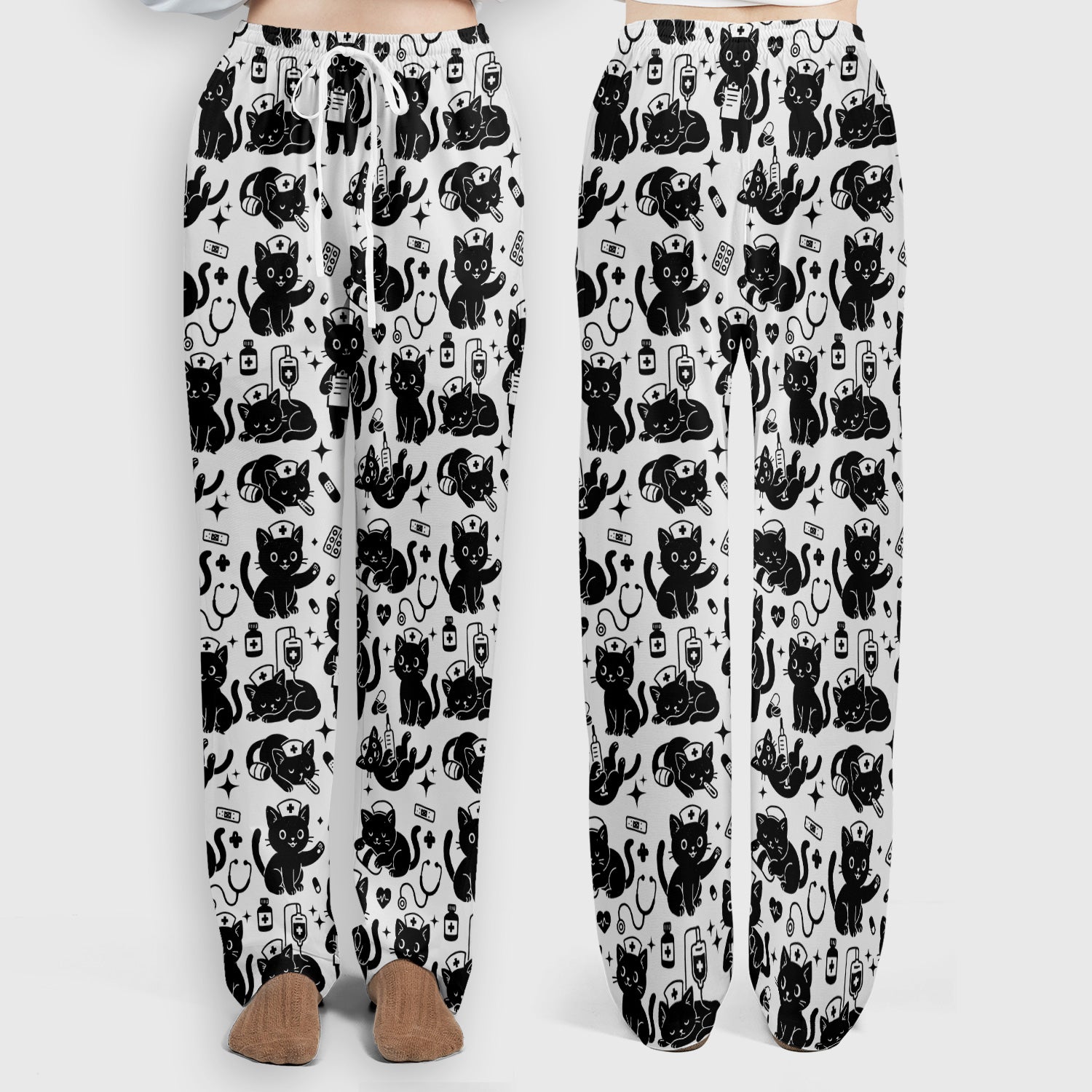 Cute Black Cat Nurse Pattern Scrub Set, Breathable Med Uniform