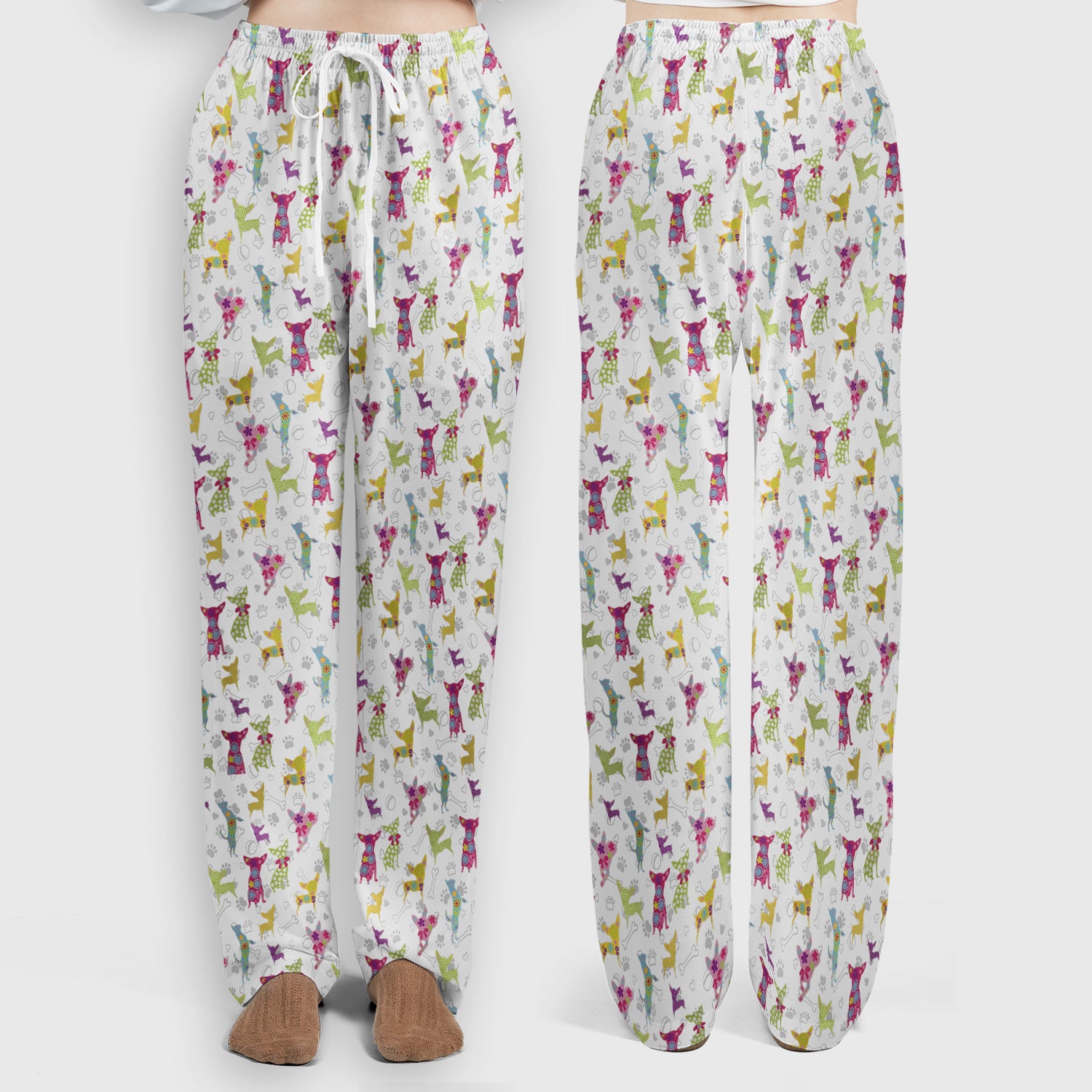 Colorful Playful Dog Print Nurse Scrub Set, Scrub Pants and V Neck Top