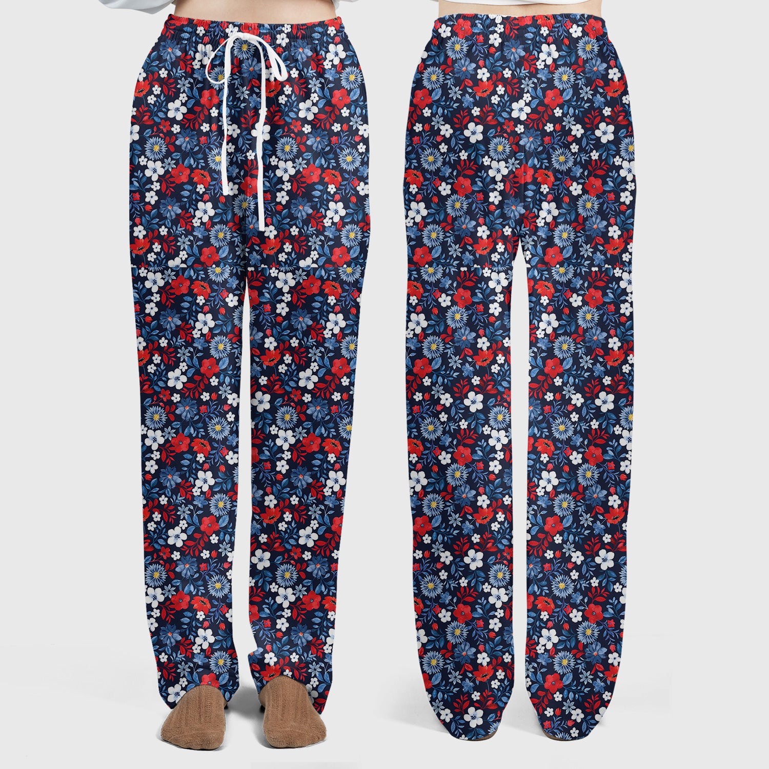 Navy Red Floral Nursing Scrub Set V-Neck, Medical Uniform for Healthcare Staff