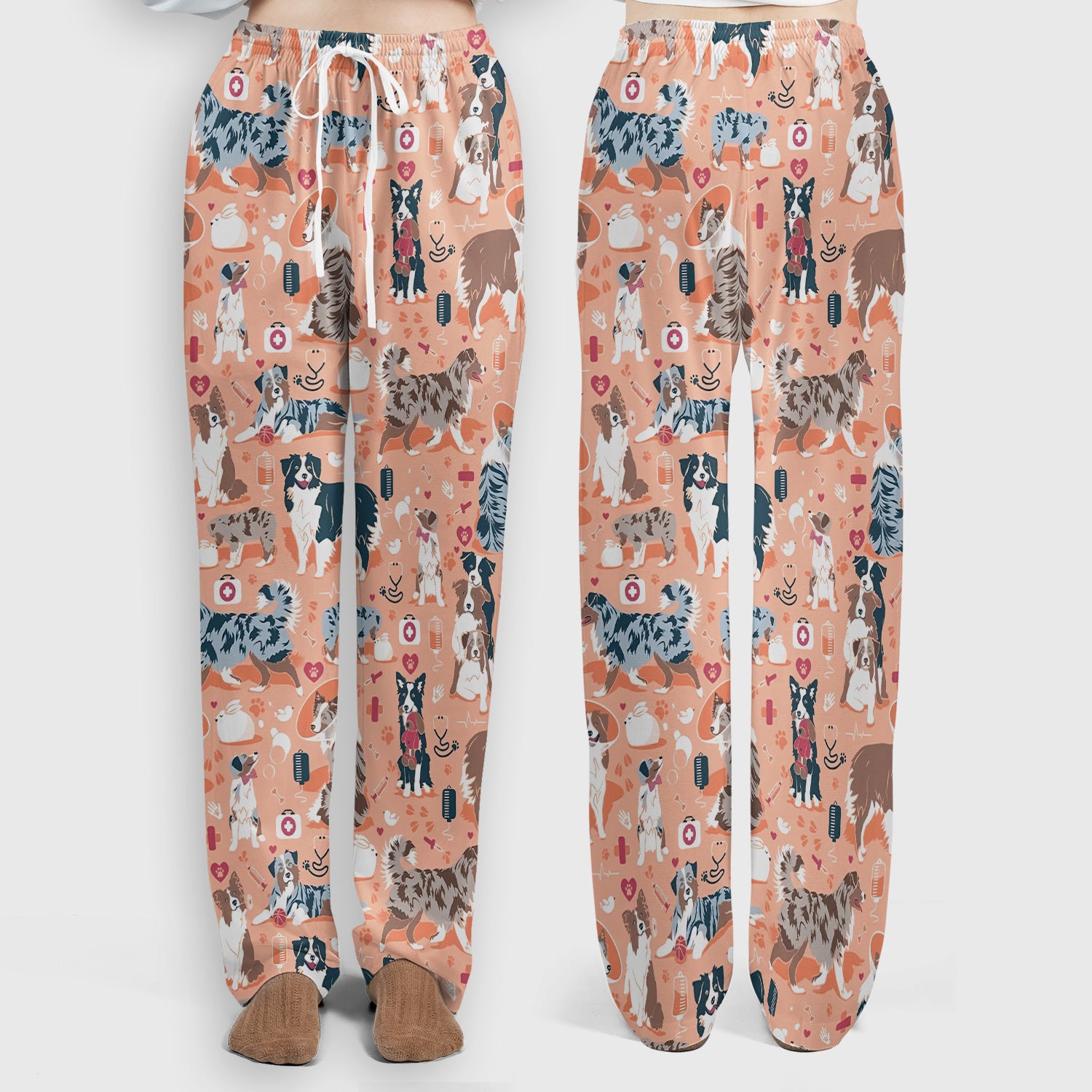 Cute Dog Pattern Women's Veterinary Scrub Set, Scrub Pants and V Neck Top