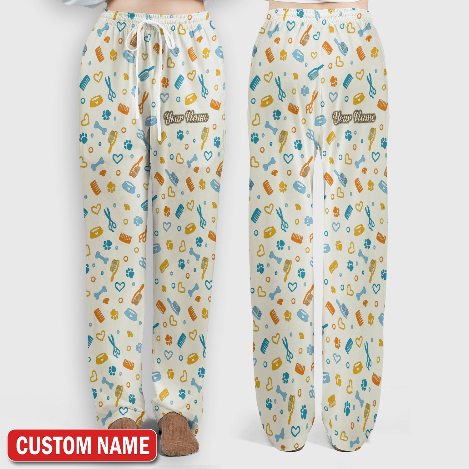 Custom Name Dog Cat Grooming Pattern Scrub Set, Scrub Pants and V Neck Top