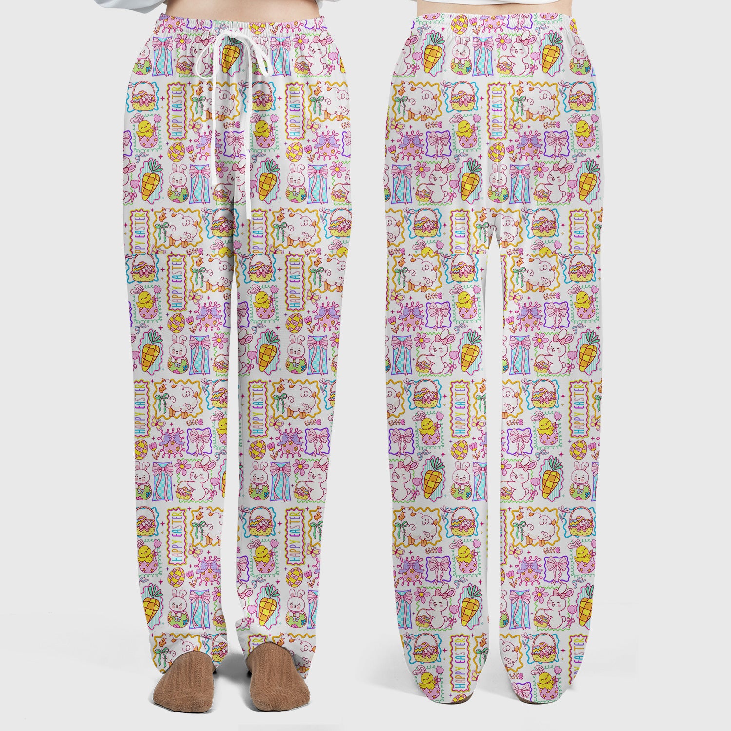 Cute Easter Bunny Egg and Bow Print Scrub Set, Scrub Pants and V Neck Top