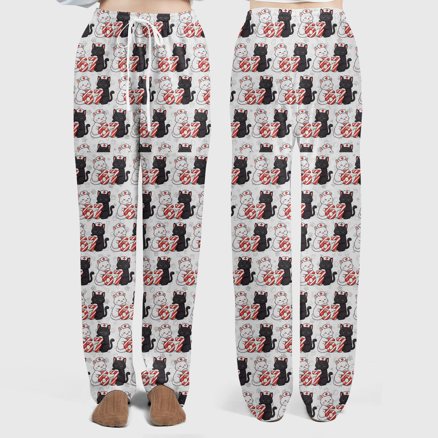 Xmas Cat Pattern Scrub Set, Christmas Nurse Six Seven With Cat Scrub Shirt, Breathable Fabrics Nursing Uniform