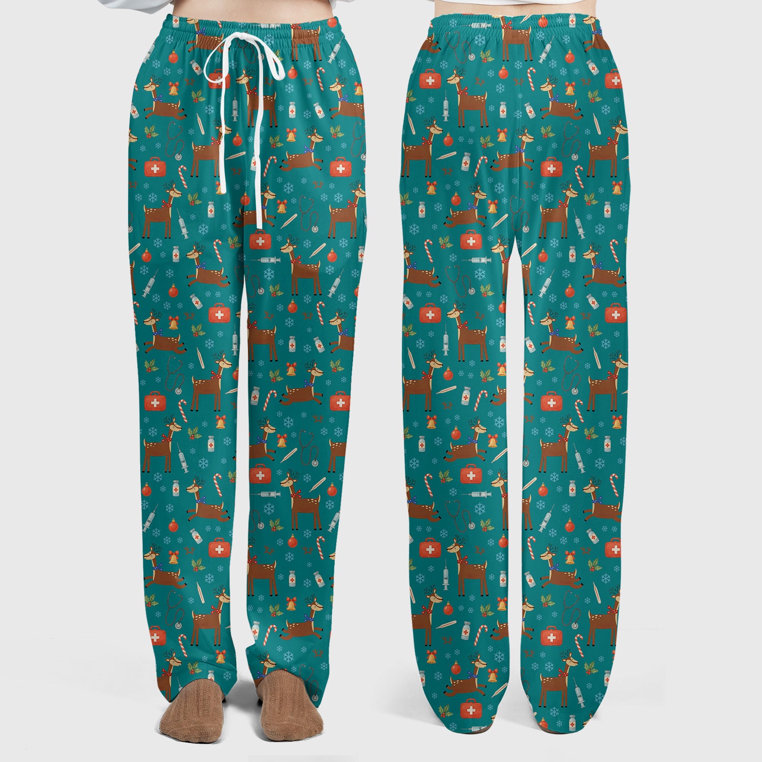 Reindeer Christmas Scrub Set - Snowflakes Candy Canes Holiday Scrubs Pants and V Neck Top - Xmas Gift for Women RN CNA LPN