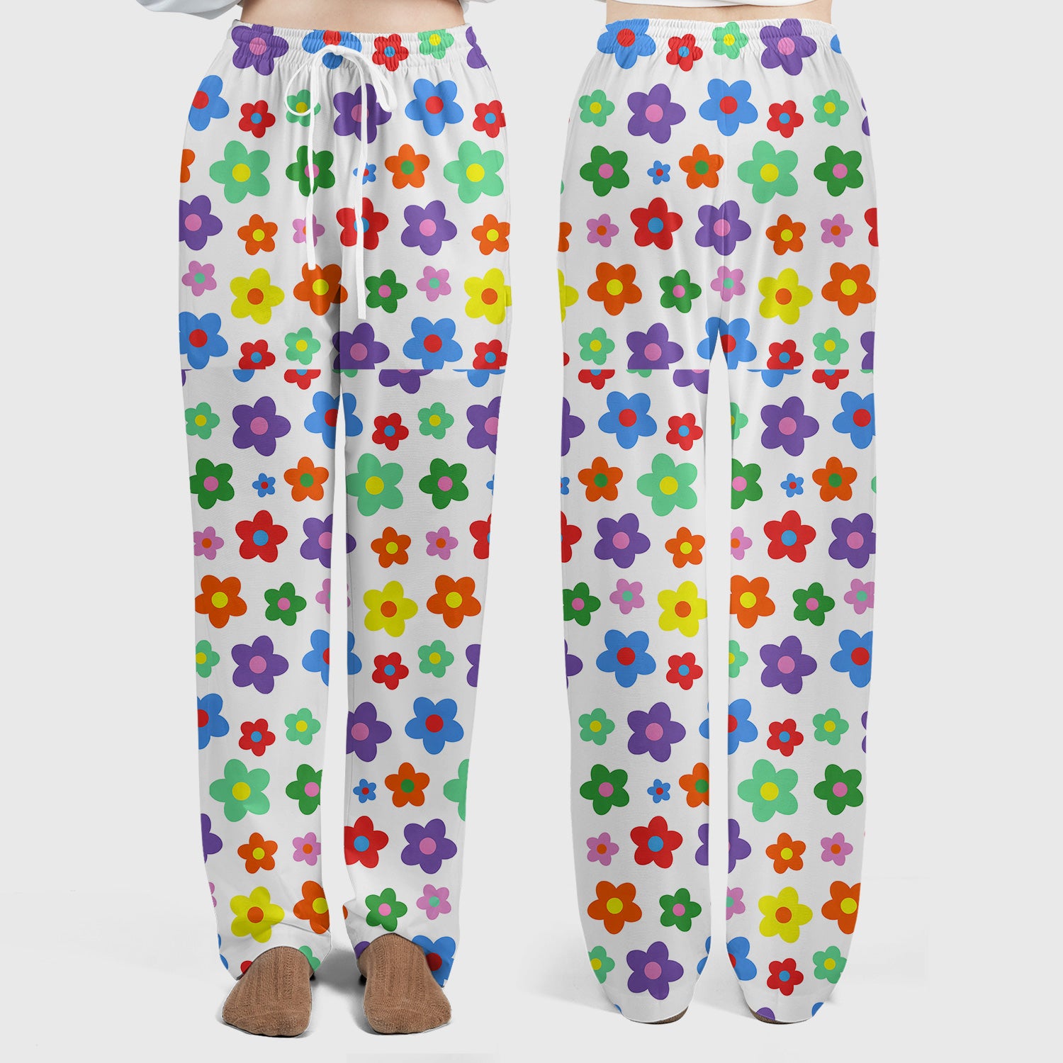Colorful Retro Flower Pattern Print Scrub Set, Scrub Pants and V Neck Top
