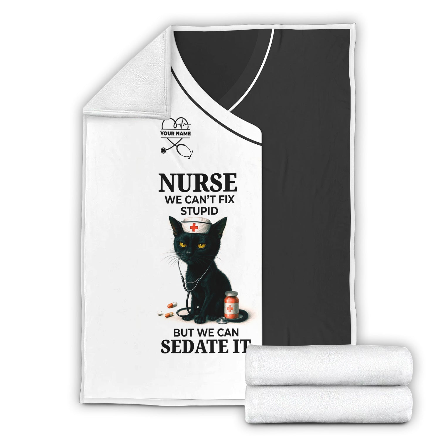Personalized Funny Nurse Black Cat Blanket - Multiple Color Options Available - Custom Name Gift for RN CNA LPN Healthcare Workers
