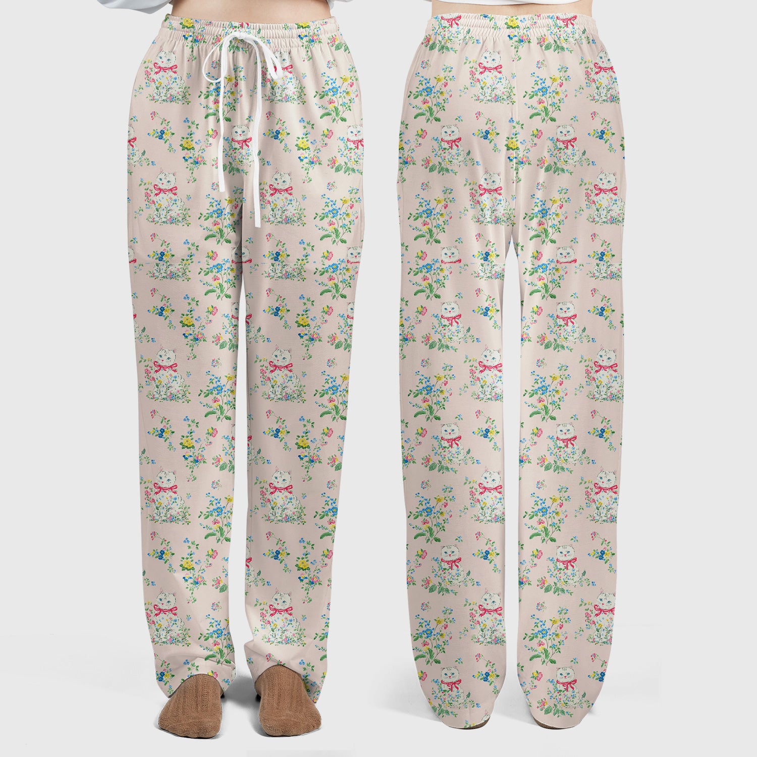 Vintage Floral Cat Print Scrub Set, Scrub Pants and V Neck Top