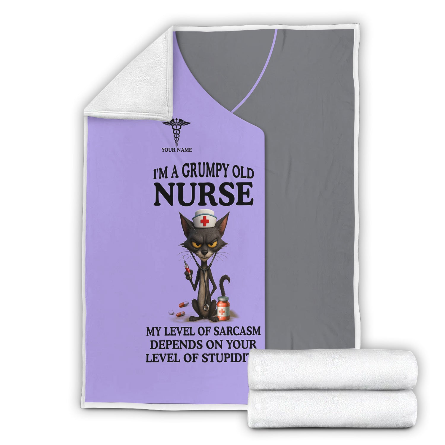 Custom Name Grumpy Old Nurse Blanket - Angry Cat Sarcastic Humor for RN LPN CNA Medical Staff Gift  - Multiple Color Options Available Keepsake
