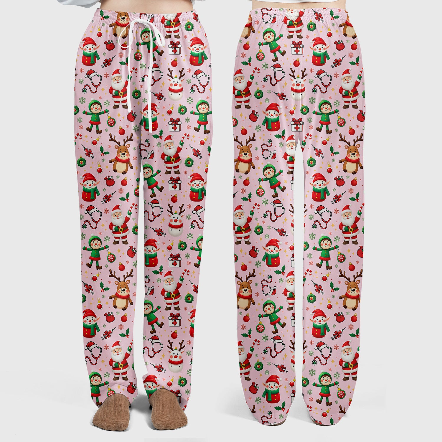 Santa Christmas Scrub Set - Cute Reindeer Scrubs Pants and V Neck Top - Festive Holiday Med Uniform for Women
