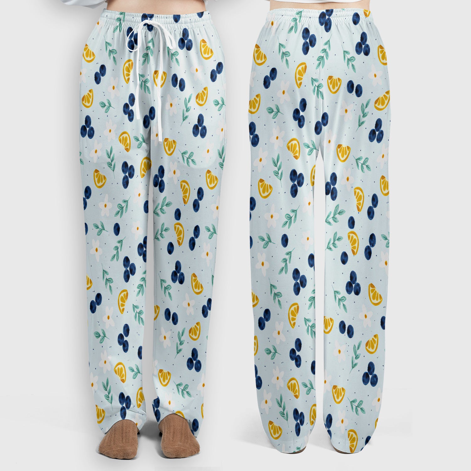 Blueberry Lemon Daisy Pattern Scrubs Sets, Scrub Pants and V Neck Top