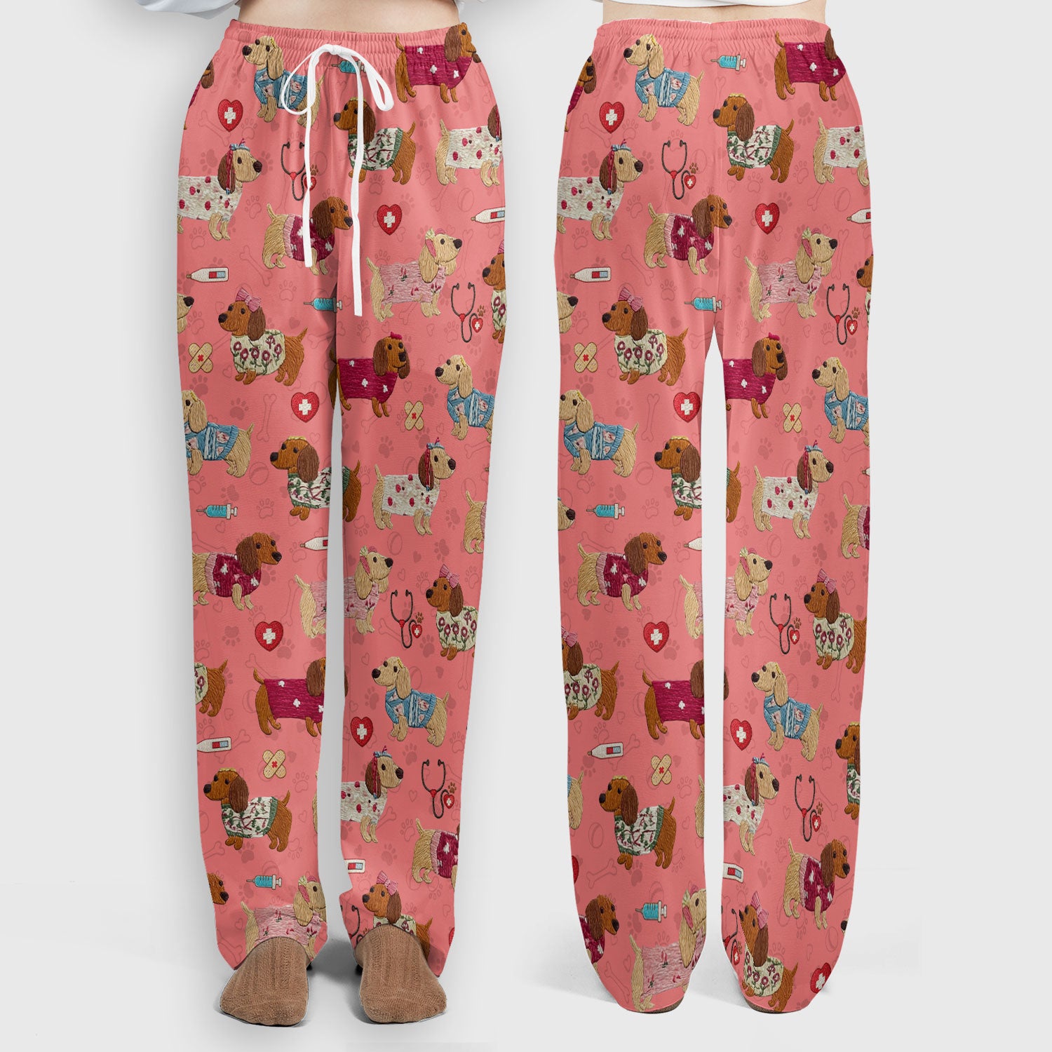 Cute Medical Wiener Dog Pattern Nurse Shirt, Dachshund Nursing Scrub Set, Breathable Fabrics Nursing Uniform