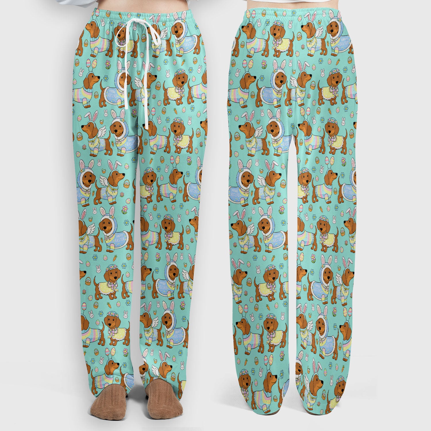 Easter Dachshund Bunny Pattern Scrub Set, Scrub Pants and V Neck Top