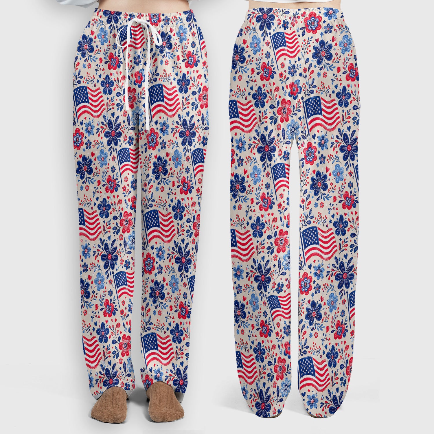 Patriotic Flag Floral Nurse Pattern Scrub Set, Scrub Pants and V Neck Top