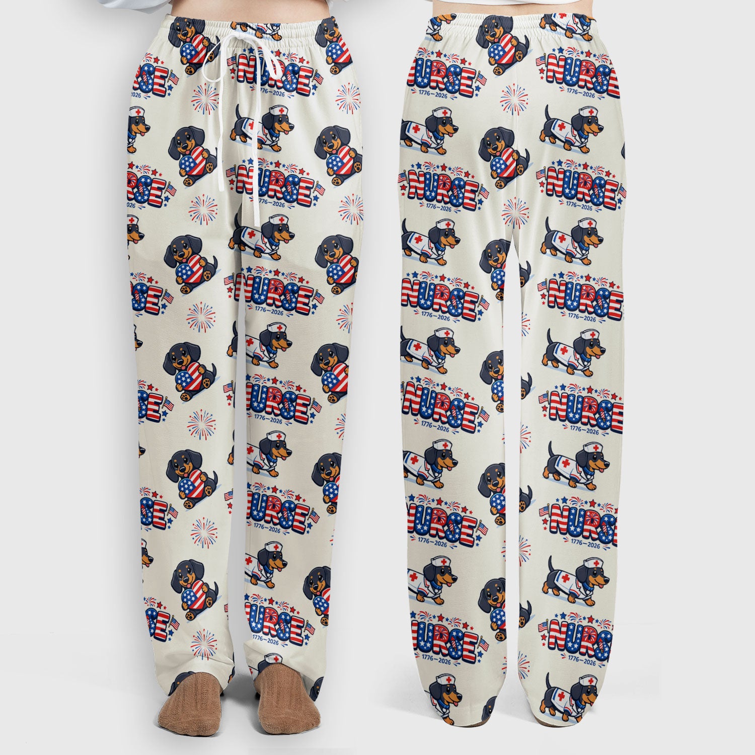 Proud Nurse Patriotic Dachshund Medical Firework Pattern Scrub Set, Nurse Uniform Scrubs Set