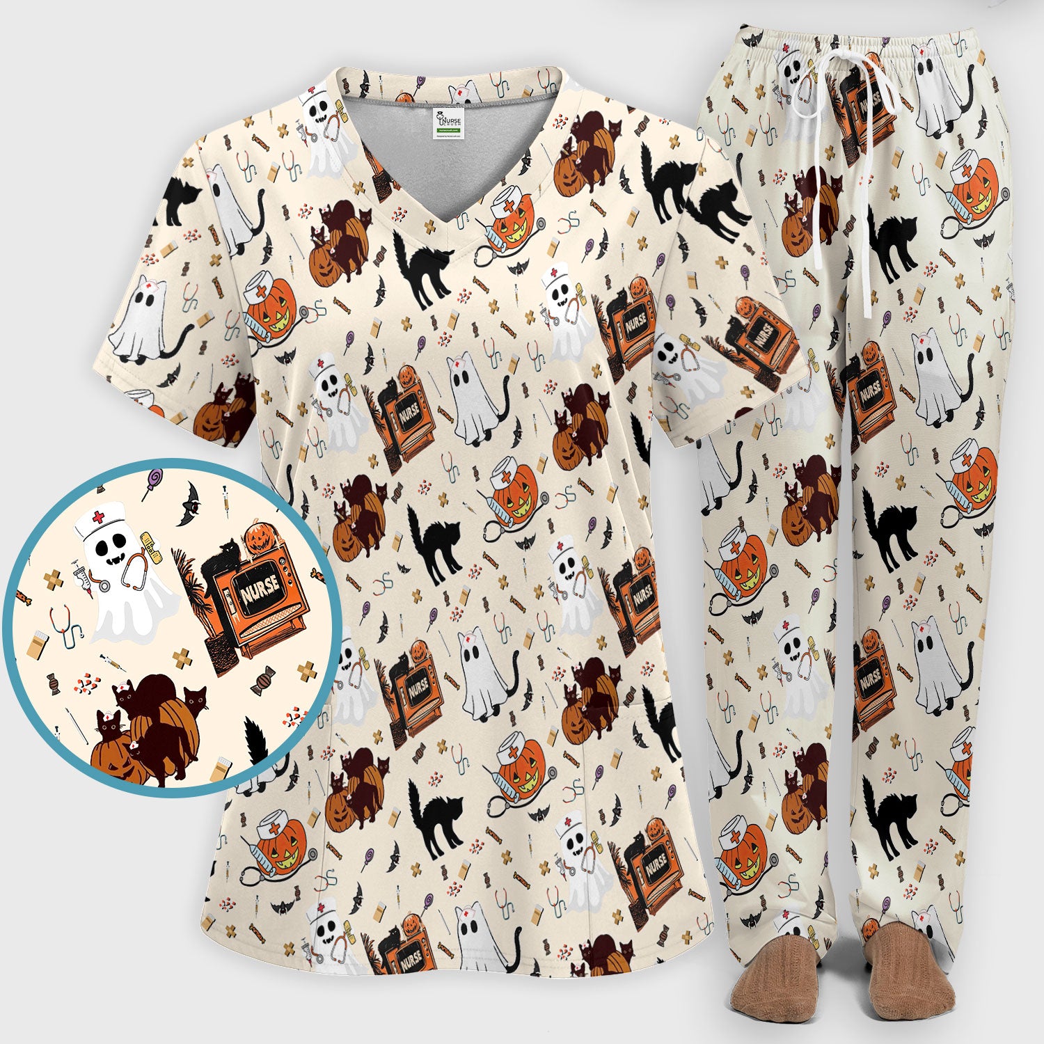 Halloween Scrub Set for Nurse - Cute Pumpkin Ghost Cat Medical Pants and V Neck Top - Spooky Uniform for Women RN CNA LPN