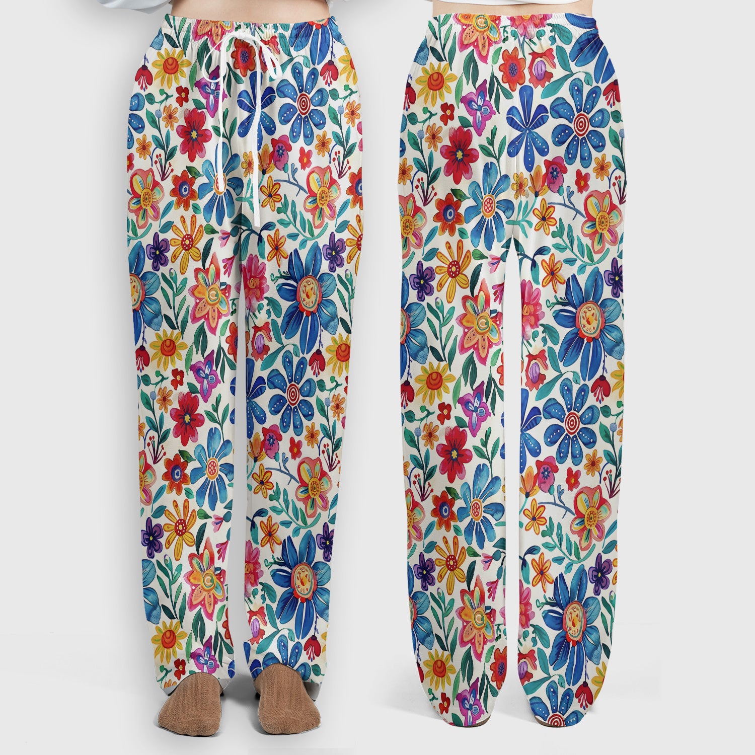 Colorful Folk Floral Print Scrub Set, Scrub Pants and V Neck Top