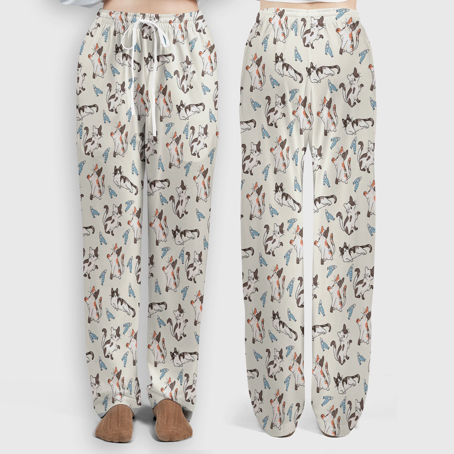 Cute Playful Cats With Fish Pattern Nurse Scrub Set, Scrub Pants and V Neck Top