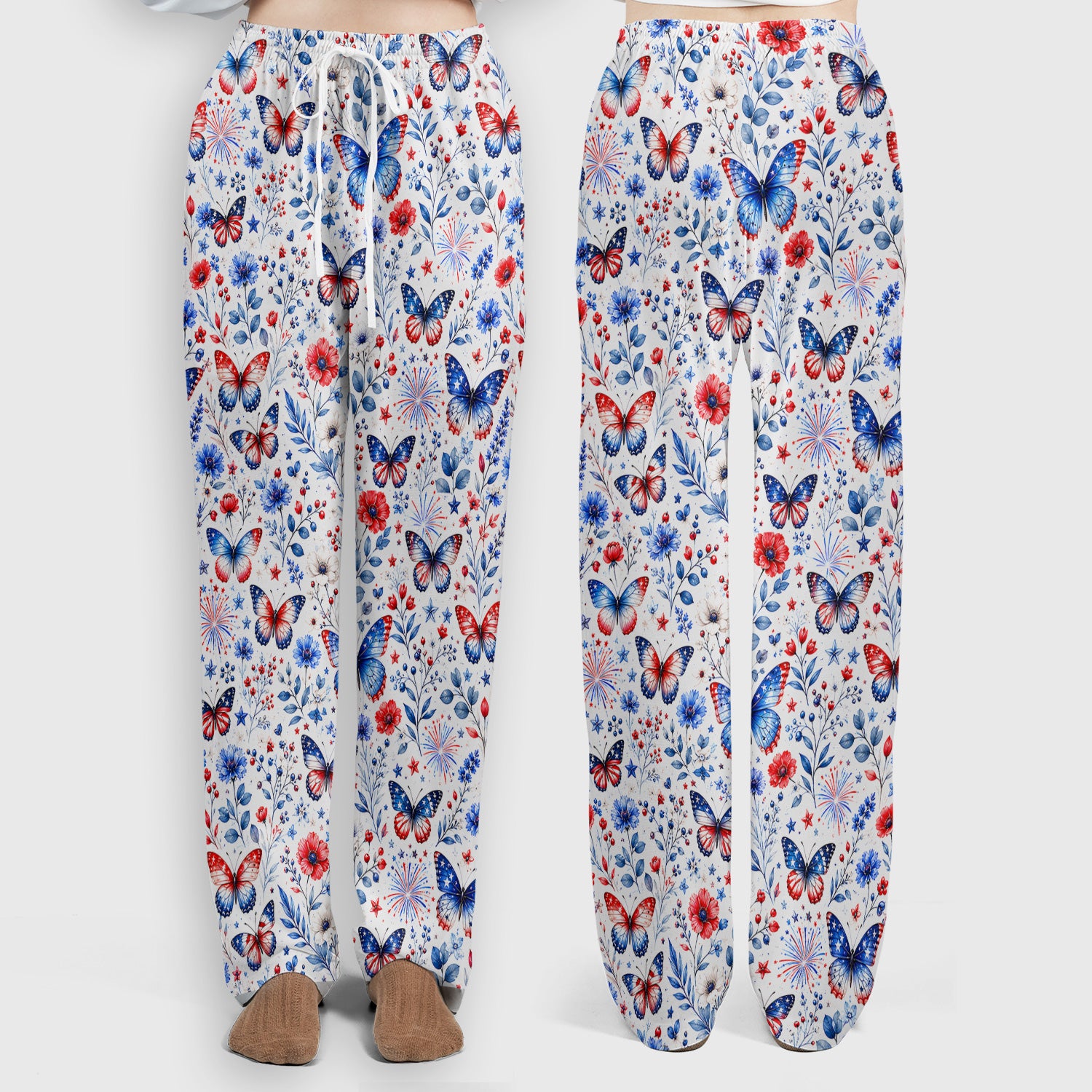 Patriotic Butterfly Fireworks Floral Pattern Scrub Set, Scrub Pants and V Neck Top