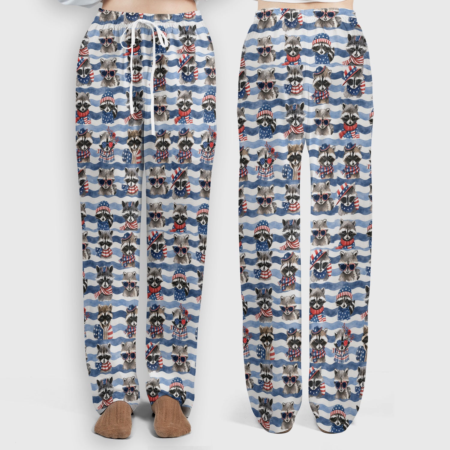 Patriotic Raccoon Watercolor Stripe Pattern Scrub Set, Scrub Pants and V Neck Top