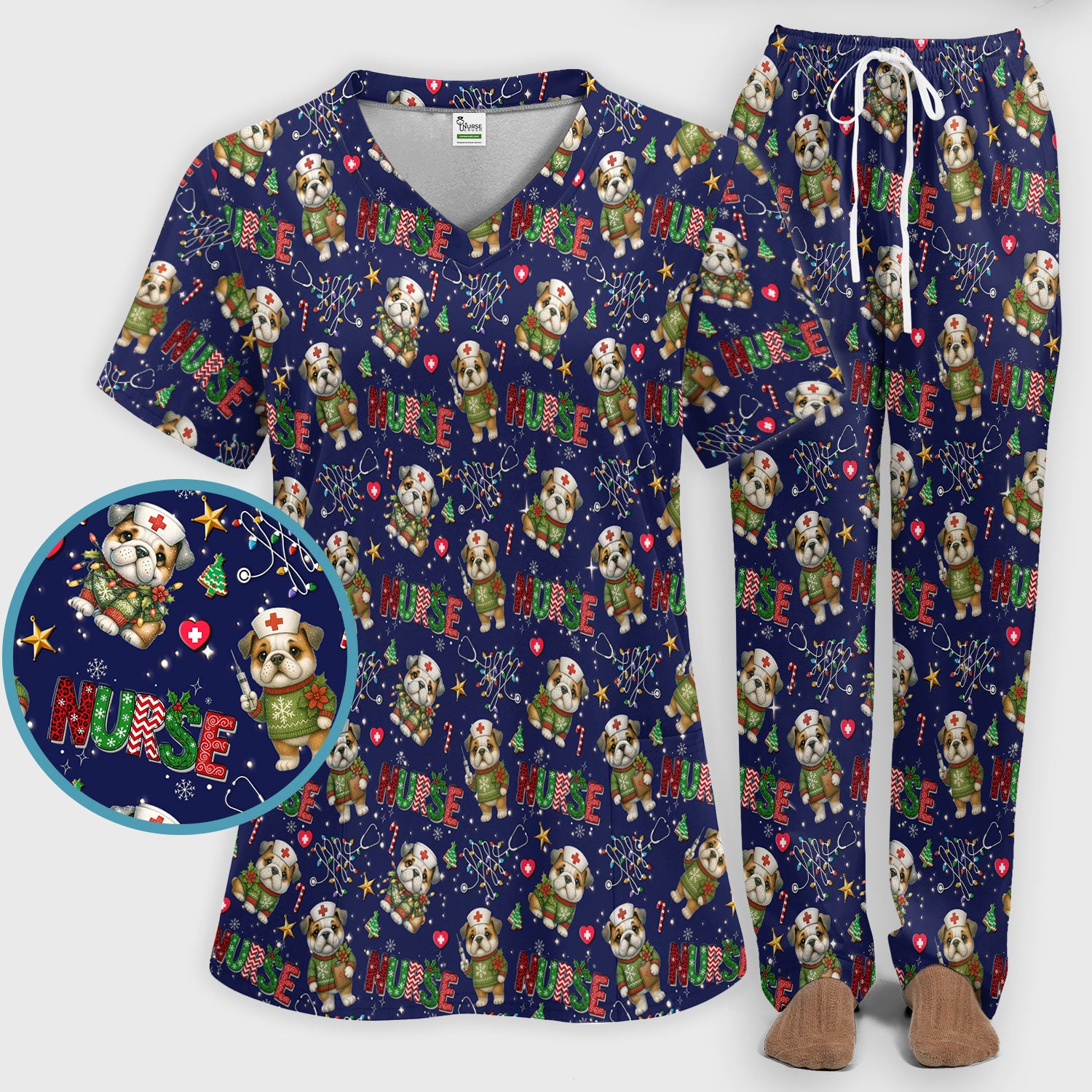 Bulldog Christmas Nurse Scrub Set - Funny Dog Scrubs Pants and V Neck Top - Cute Holiday Medical Uniform