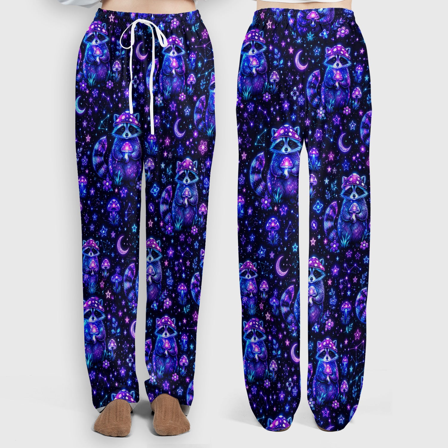 Neon Mushroom Raccoon Nurse Pattern Scrub Set, Scrub Pants and V Neck Top
