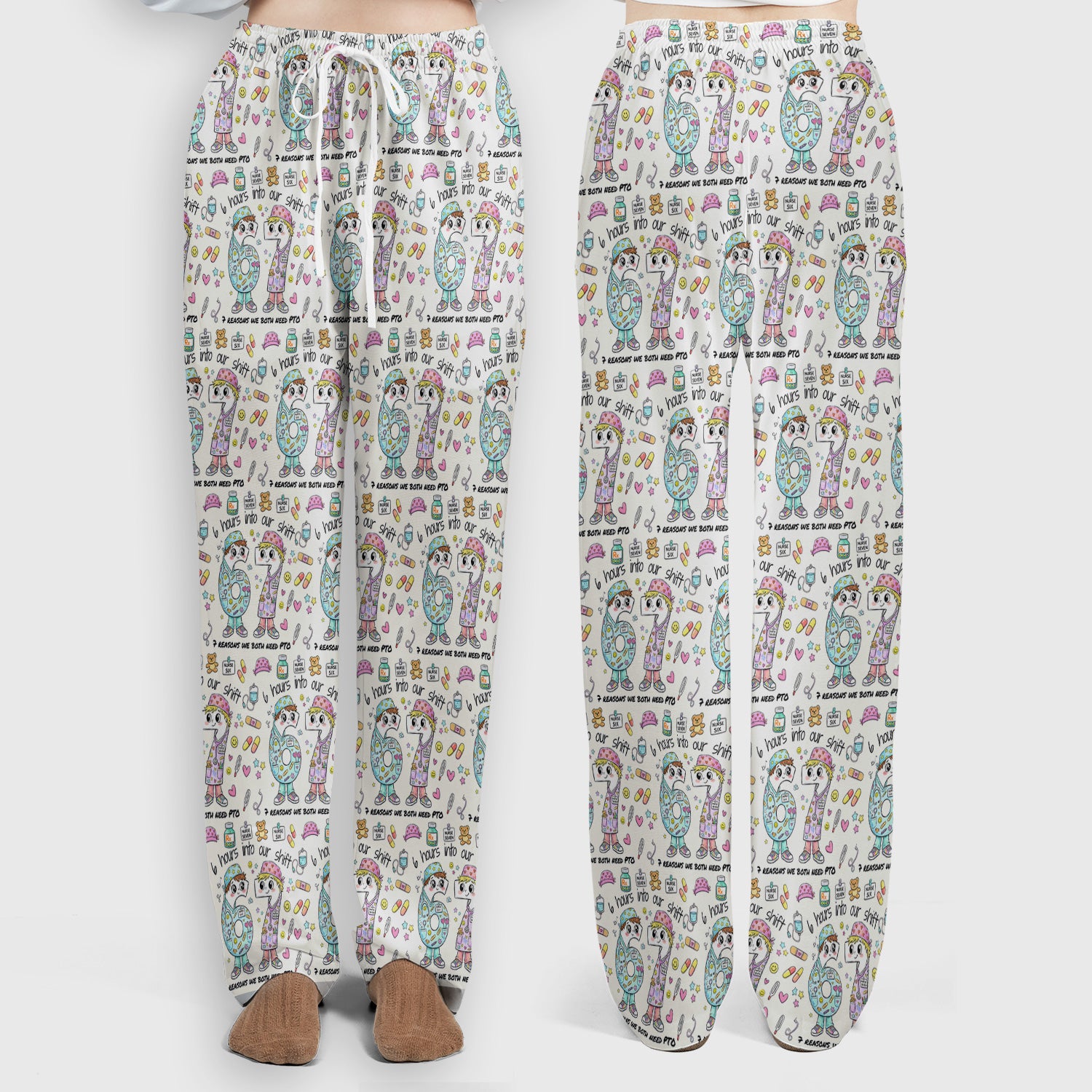 Cartoon Characters Six Hours Into Shift With Medical Doodle Scrub Set, Breathable Med Uniform