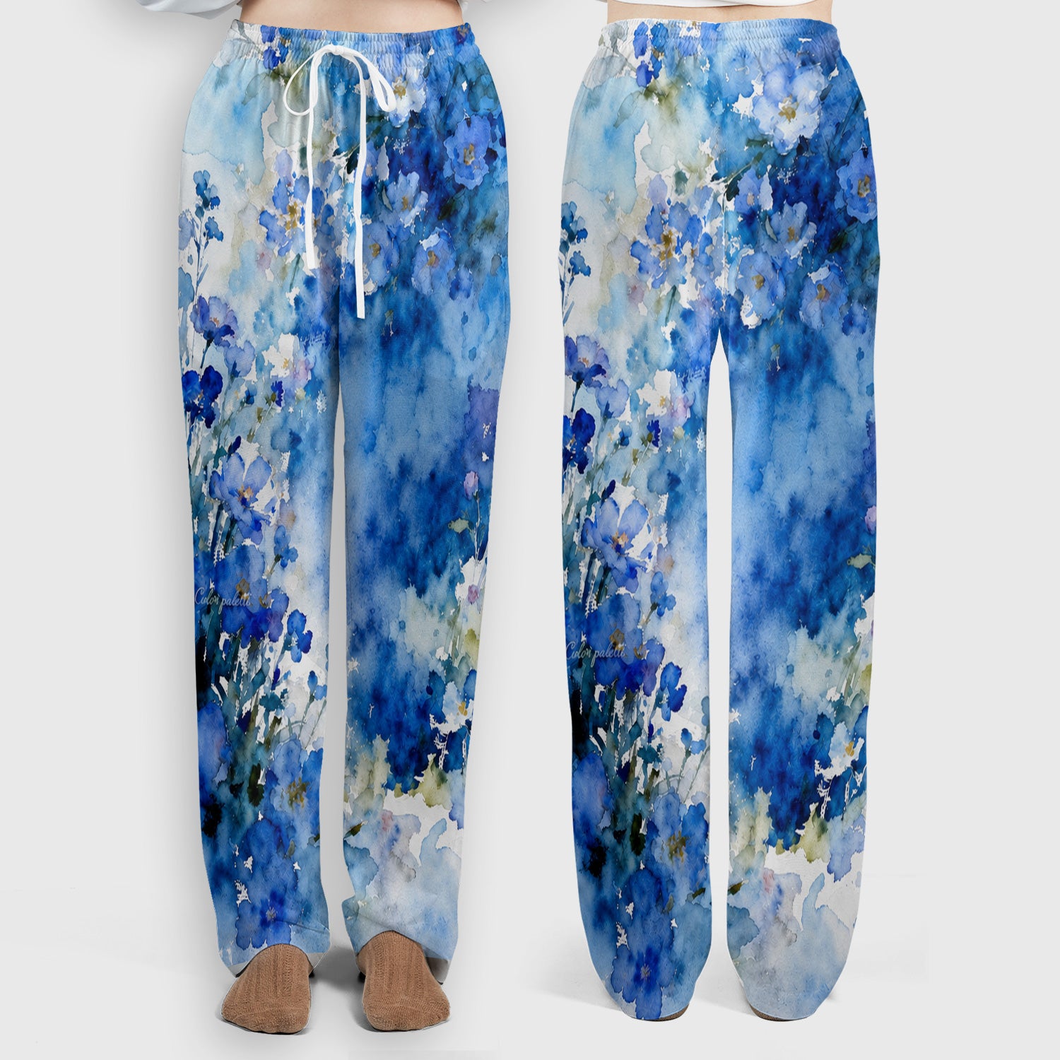 Adorable Blue Floral White Cat Pattern Scrub Set, Scrub Pants and V Neck Top