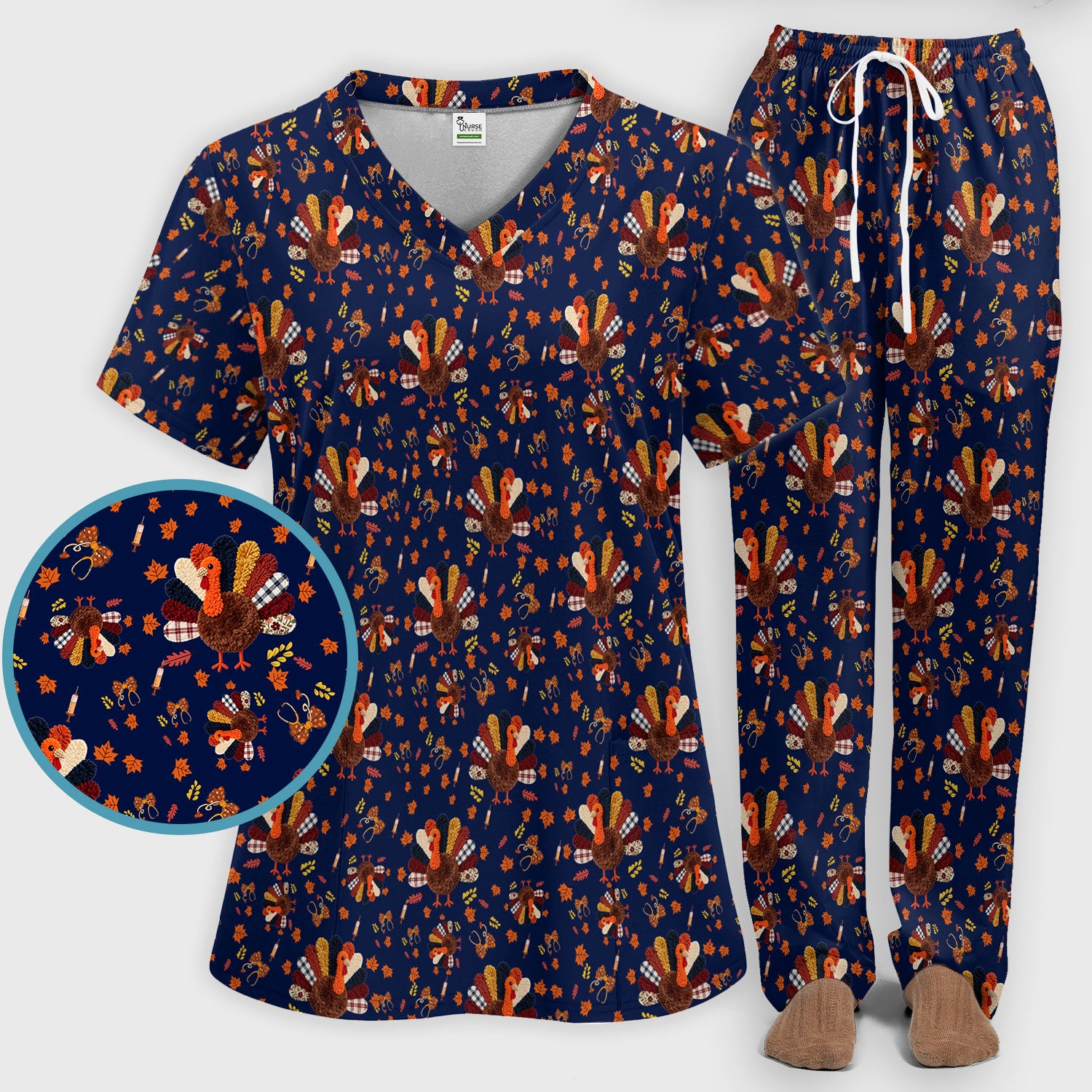 Funny Thanksgiving Nurse Scrub Sets - Fall Leaves and Pumpkin Scrub Pants and V Neck Top - Autumn Turkey Med Uniform