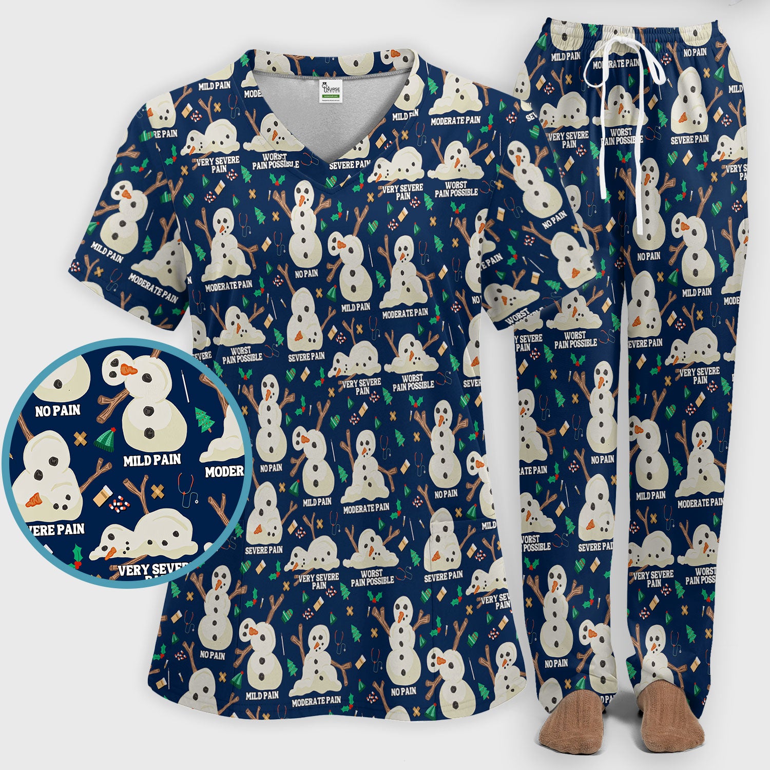 Funny Snowman Pain Scale Scrub Set for Nurse - Christmas Medical Pants and V Neck Top for Women RN LPN CNA