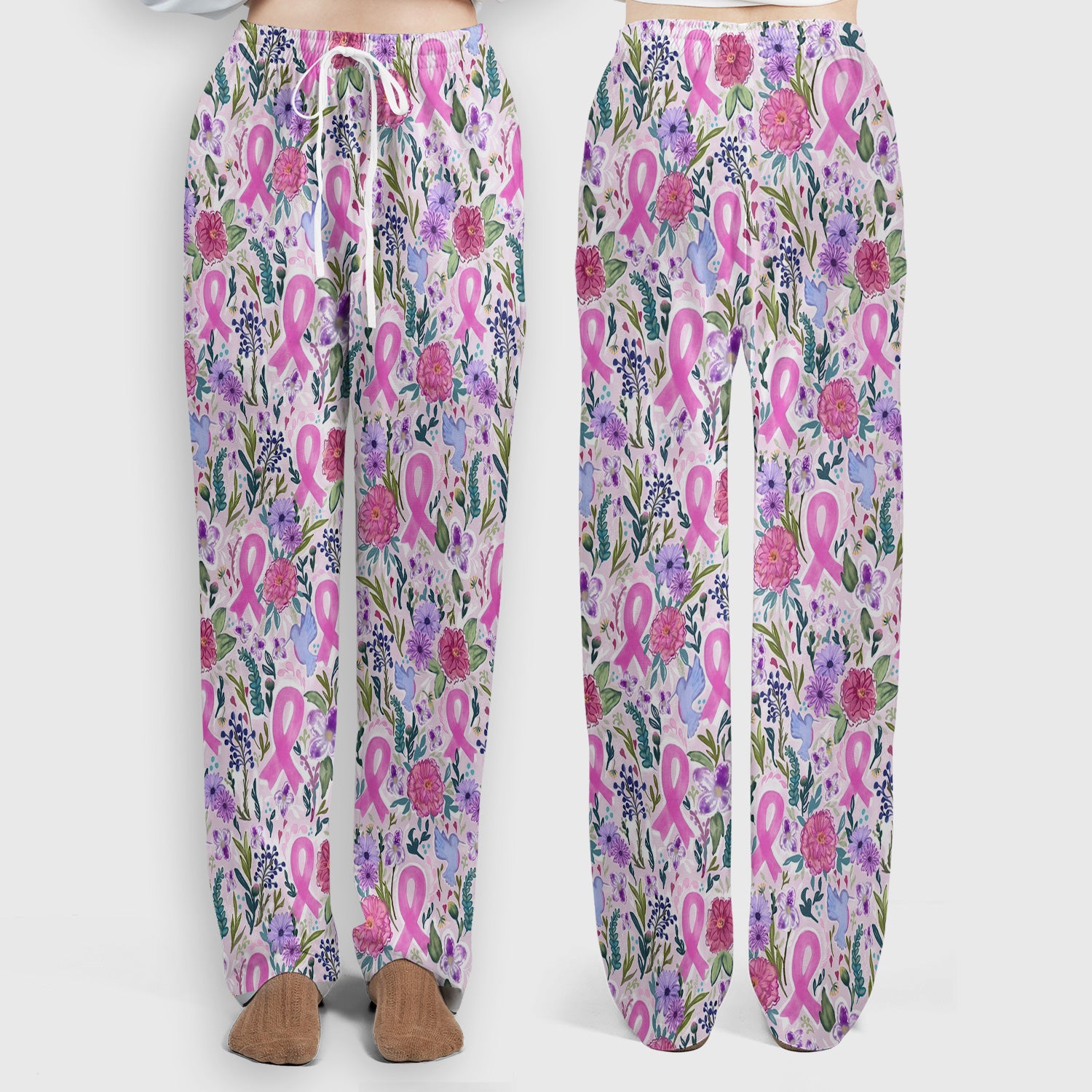 Floral Pink Ribbon Print Scrub Set, Scrub Pants and V Neck Top