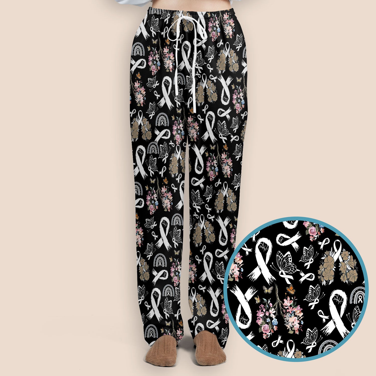 Lung Cancer Awareness Scrub Sets for Nurse - White Ribbon Butterfly Floral Scrub Pants and V Neck Top - Breathable Med Uniform for Women