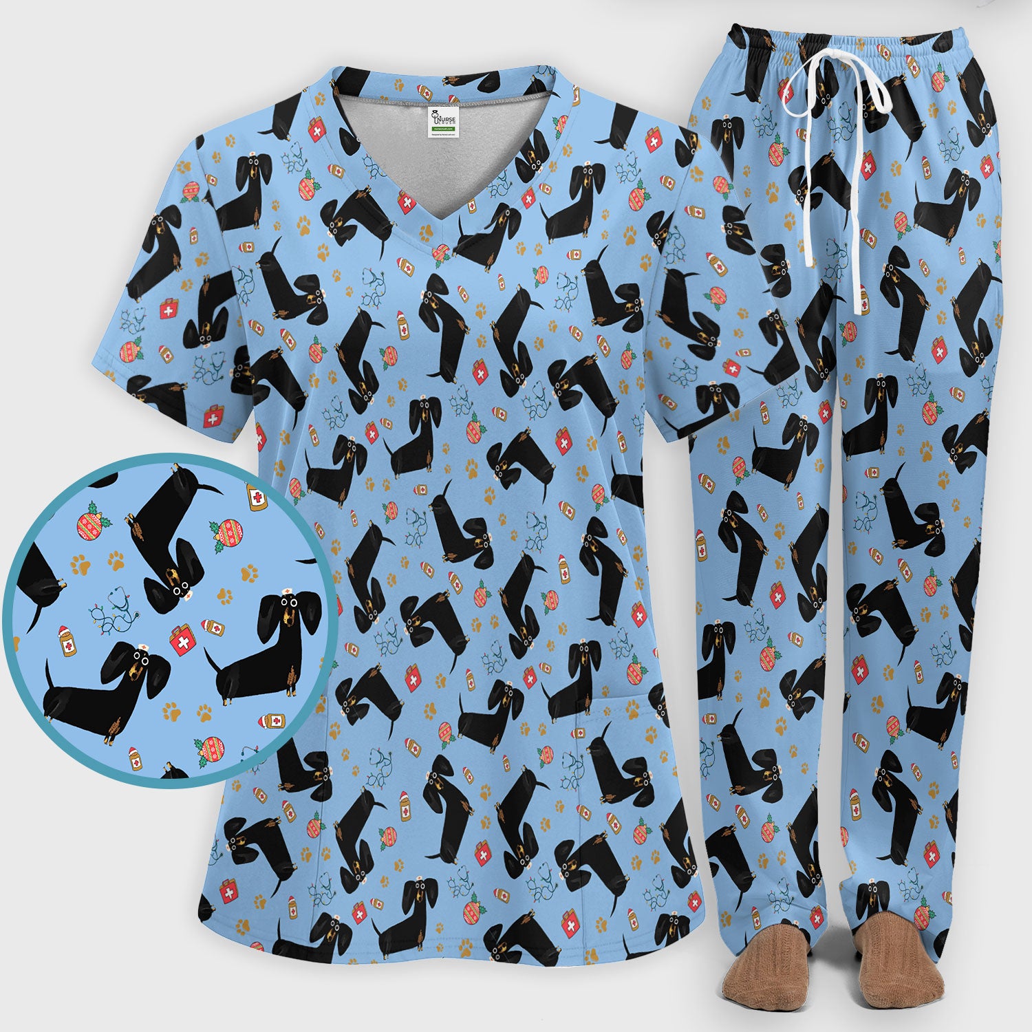 Funny Black Dachshund Scrub Set for Nurses - Cute Wiener Dog Scrubs Pants and V Neck Top - Puppy Lover Nursing Gift for Women