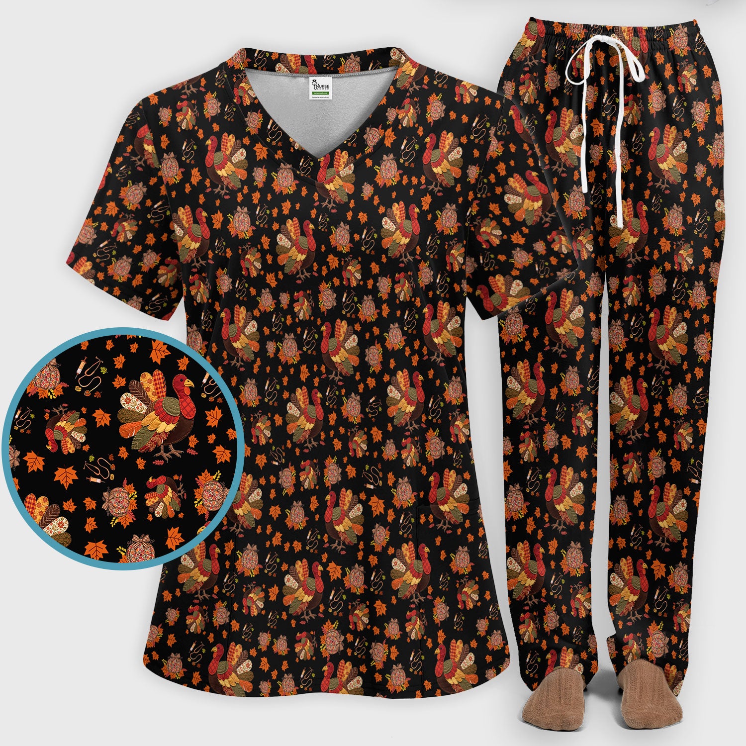 Thanksgiving Turkey Nurse Scrub Sets for Women - Fall Leaves Scrub Pants and V Neck Top - Autumn Nursing Uniform